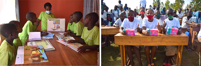 르완다 학교 내에서 진행 중인 인식개선 활동 및 여아 권리 옹호 활동의 모습