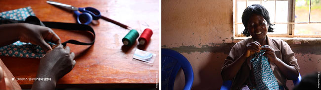 흥겨운 콧노래를 부르며 바느질 중인 굿네이버스 말라위 카춤와 맘센터 여성들의 모습