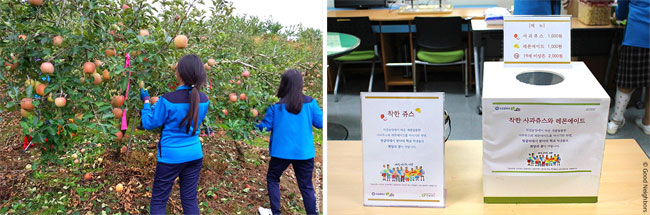 (좌) 사과농장에서 사과를 수확하는 모습 (우) ‘착한 쥬스’ 모금통