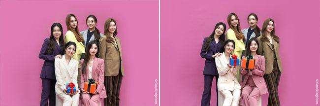 선물 상자를 들고 사진 촬영 중인 로켓펀치 멤버들