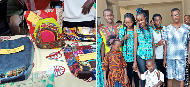 좌측 사진은 재봉과 학생들의 가방 작품들, 우측 사진은 재봉과 졸업생과 가족들의 모습