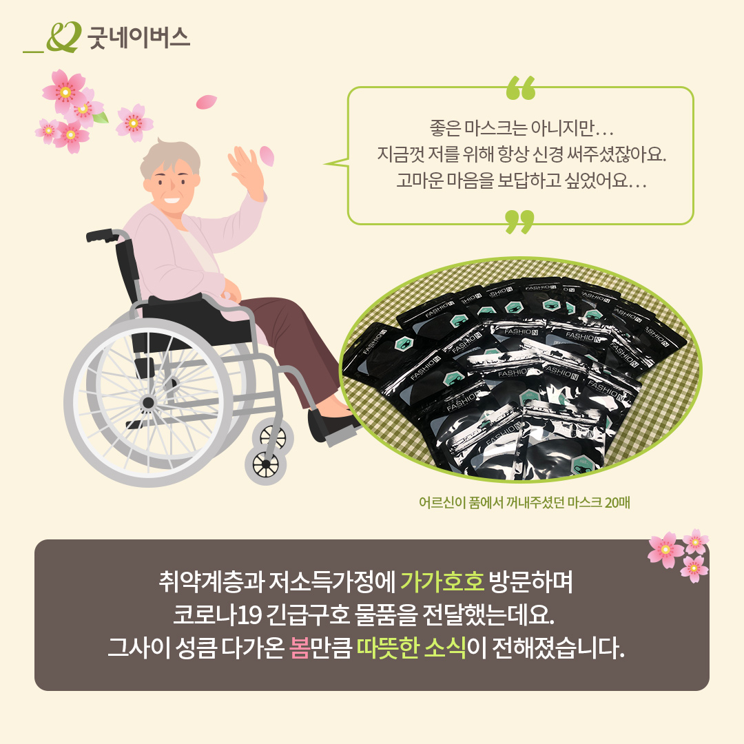 좋은 마스크는 아니지만 지금껏 저를 위해 항상 신경 써주셨잖아요. 고마운 마음을 보답하고 싶었어요 어르신이 품에서 꺼내주셨던 마스크20매 취약계층과 저소득가정에 가가호호 방문하며 코로나19 긴급구호 물품을 전달했는데요. 그사이 성큼 다가온 봄만큼 따뜻한 소식이 전해졌습니다.