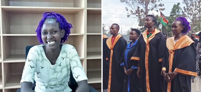 좌측 사진은 인터뷰에 응해준 유니스의 독사진, 우측 사진은 졸업식에 참석한 유니스의 모습