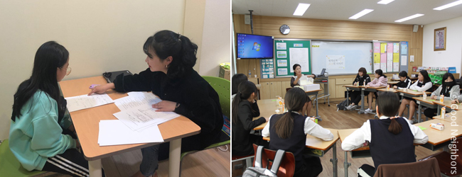 1:1 멘토링 상담을 하는 모습과 교실 안에 둘러앉아 집단 상담 프로그램에 참여하고 있는 소녀들의 모습