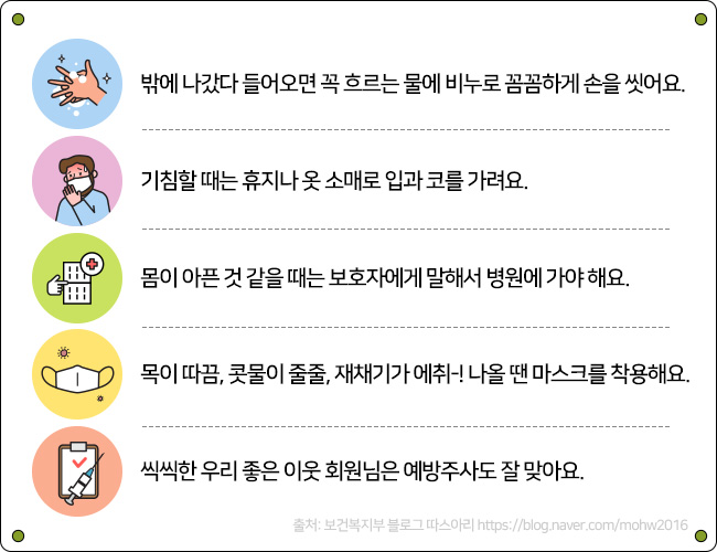 밖에 났다 들어오면 꼭 흐르는 물에 비누로 꼼꼼하게 손을 씻어요. 기침할 때는 휴지나 옷 소매로 입과 코를 가려요. 몸이 아픈 것 같을 때는 보호자에게 말해서 병원에 가야 해요. 목이 따끔, 콧물이 줄줄 재채기가 에취-! 나올 땐 마스크를 착용해요. 씩씩한 우리 좋은 이웃 회원님은 예방주사도 잘 맞아요.
