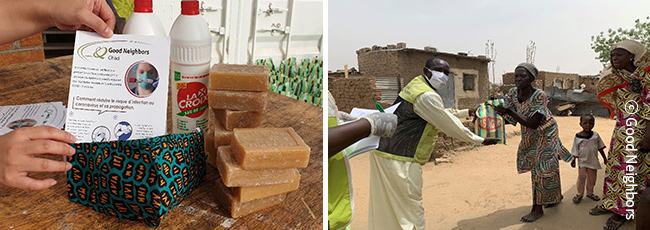 지역주민에게 전달된 마스크, 손 세정제, 비누 등 개인위생 키트 (차드) 이미지
