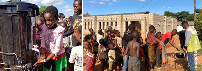 간이 세면대에서 손을 씻고 있는 주민들의 모습(잠비아) 이미지