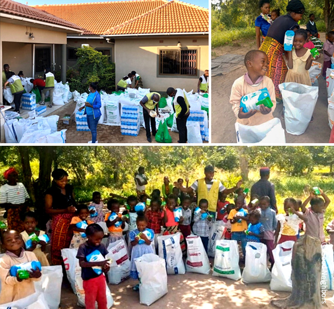 (상단 왼쪽) 영양식을 옮기고 있는 직원들의 모습, (상단 오른쪽, 하단) 영양식을 받은 아이들의 모습(잠비아)