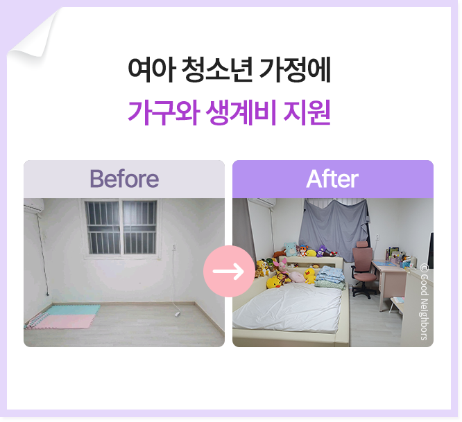 여아 청소년 가정에 가구와 생계비 지원