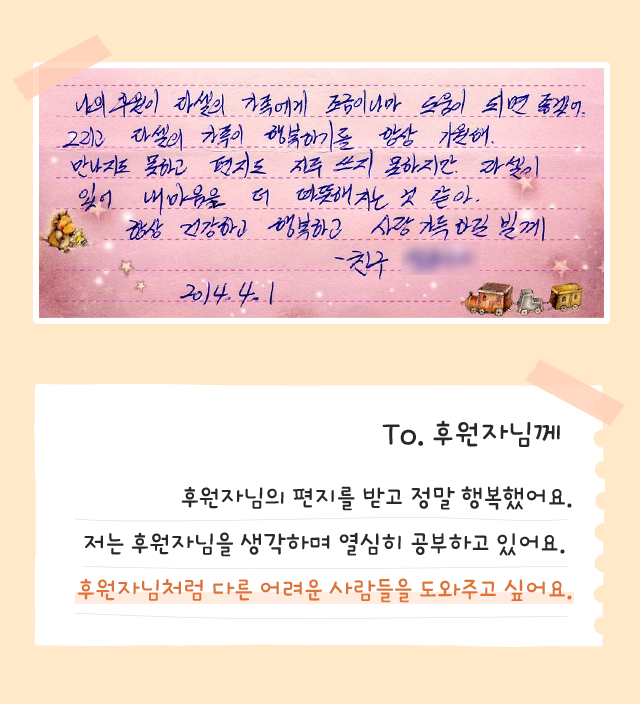 후원자님과 라셀이 주고받은 편지 중 일부(2014년)