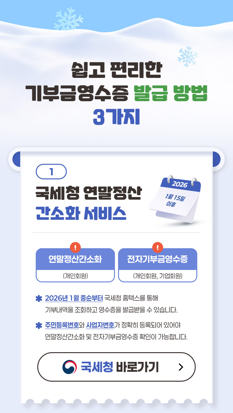 쉽고 편리한 기부금영수증 발급 방법 3가지! 1 2026년 1월 중순부터 국세청 홈택스를 통해 기부내역을 조회하고 영수증을 발급받을 수 있습니다. 연말정산 간소화 - 개인회원, 전자기부금영수증-개인회원/기업회원, 주민등록번호와 사업자번호가 정확히 등록되어 있어야 연말정산간소화 및 전자기부금영수증 확인이 가능합니다. 국세청 바로가기
