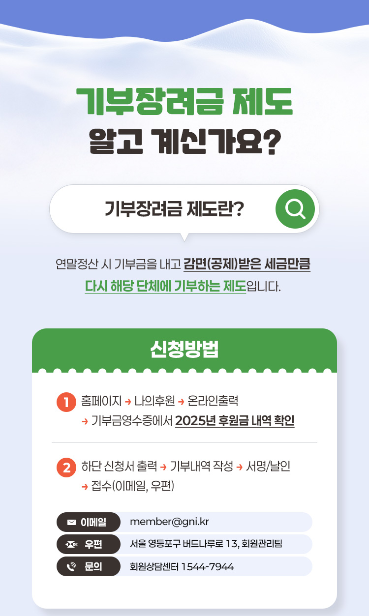 기부장려금 제도 알고 계신가요? 기부장려금 제도란? 연말정산 시 기부금을 내고 감면 공제받은 세금만큼 다시 해당 단체에 기부하는 제도입니다 신청방법 1 홈페이지 나의후원 온라인출력 기부금영수증에서 2025년 후원금 내역 확인 2 하단 신청서 출력 기부내역 작성 서명 날인 접수 이메일 우편 이메일 member@gni.kr 우편 서울 영등포구 버드나루로 13 회원관리팀 문의 회원상담센터 1544-7944